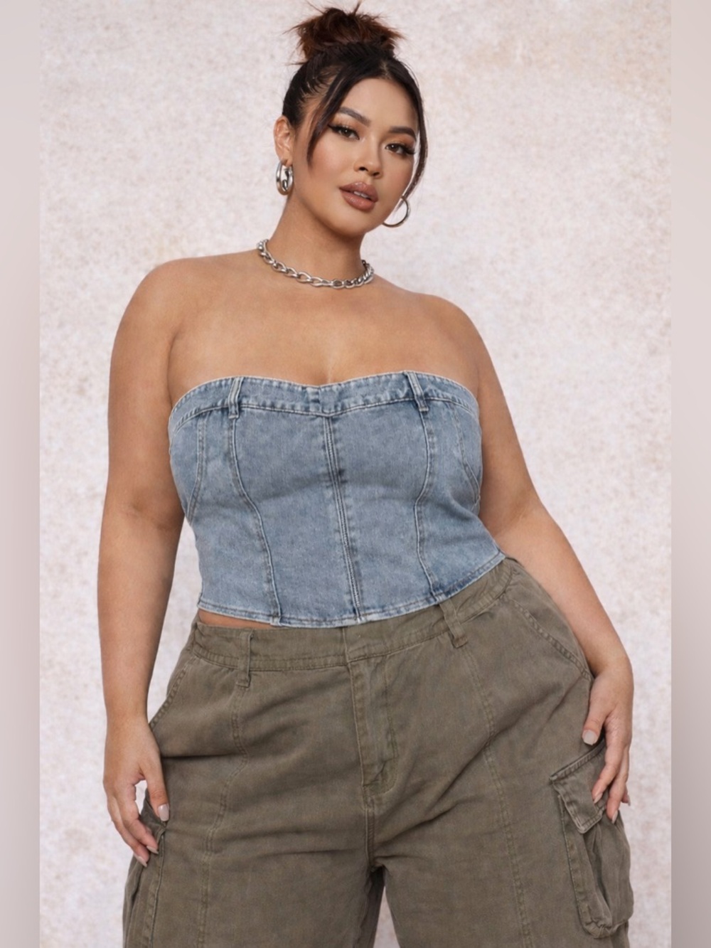 PrettyLittleThing denim corset waistband top vintage  zip front plus US 18 NWT
